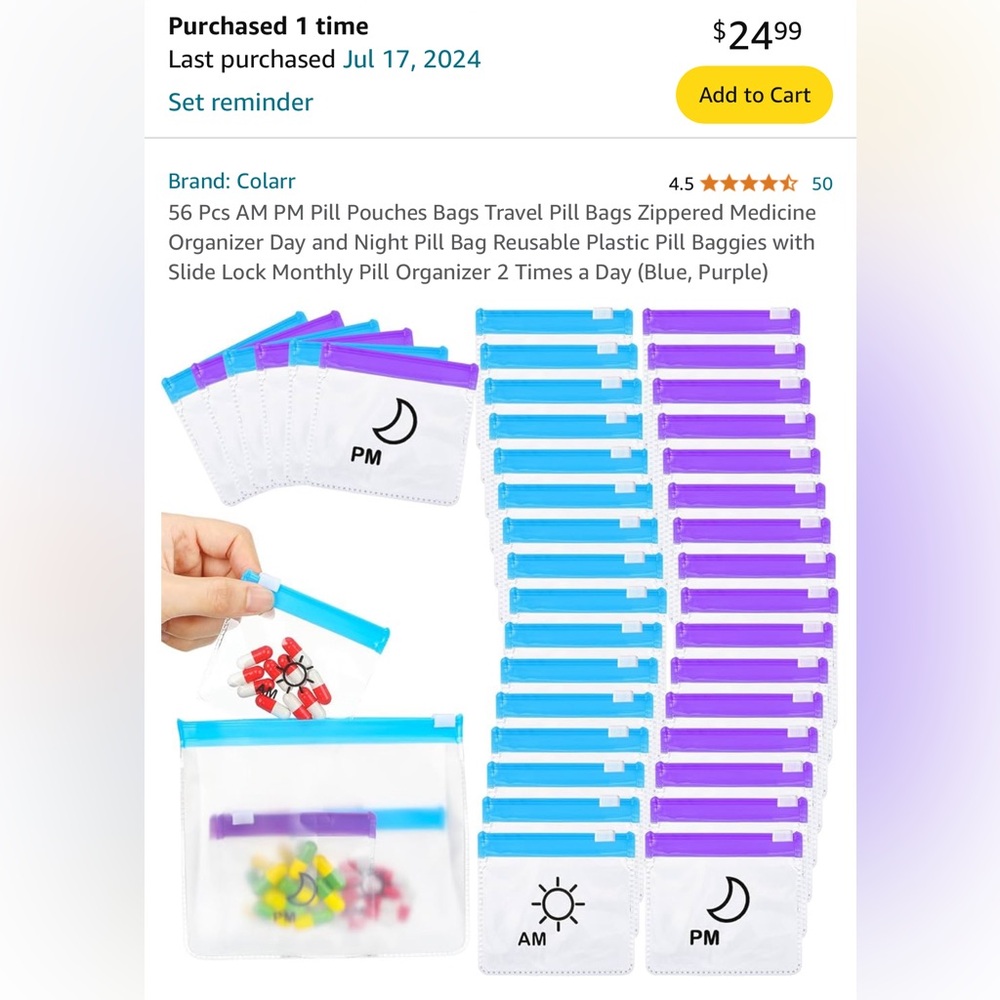 Colarr 56 Pcs AM PM Pill Pouches Bags Travel Pill Bags